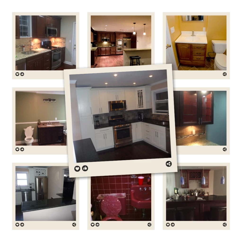 Collage of nine various home remodeling services, showcasing different kitchen and bathroom designs, color schemes, and layouts.