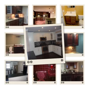 Collage of nine various home remodeling services, showcasing different kitchen and bathroom designs, color schemes, and layouts.