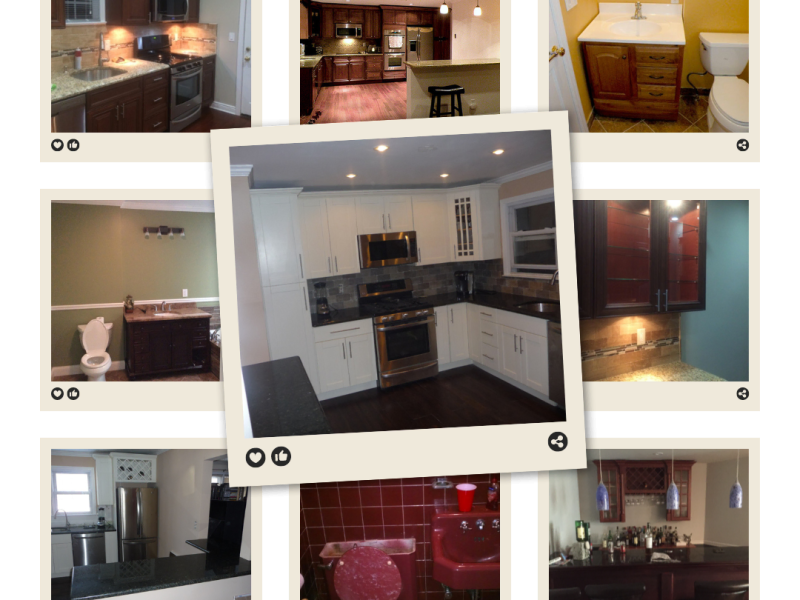 Collage of nine various home remodeling services, showcasing different kitchen and bathroom designs, color schemes, and layouts.